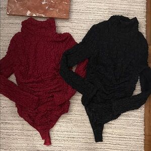 Free People Textured Long Sleeve Bodysuit in Burgundy and Black